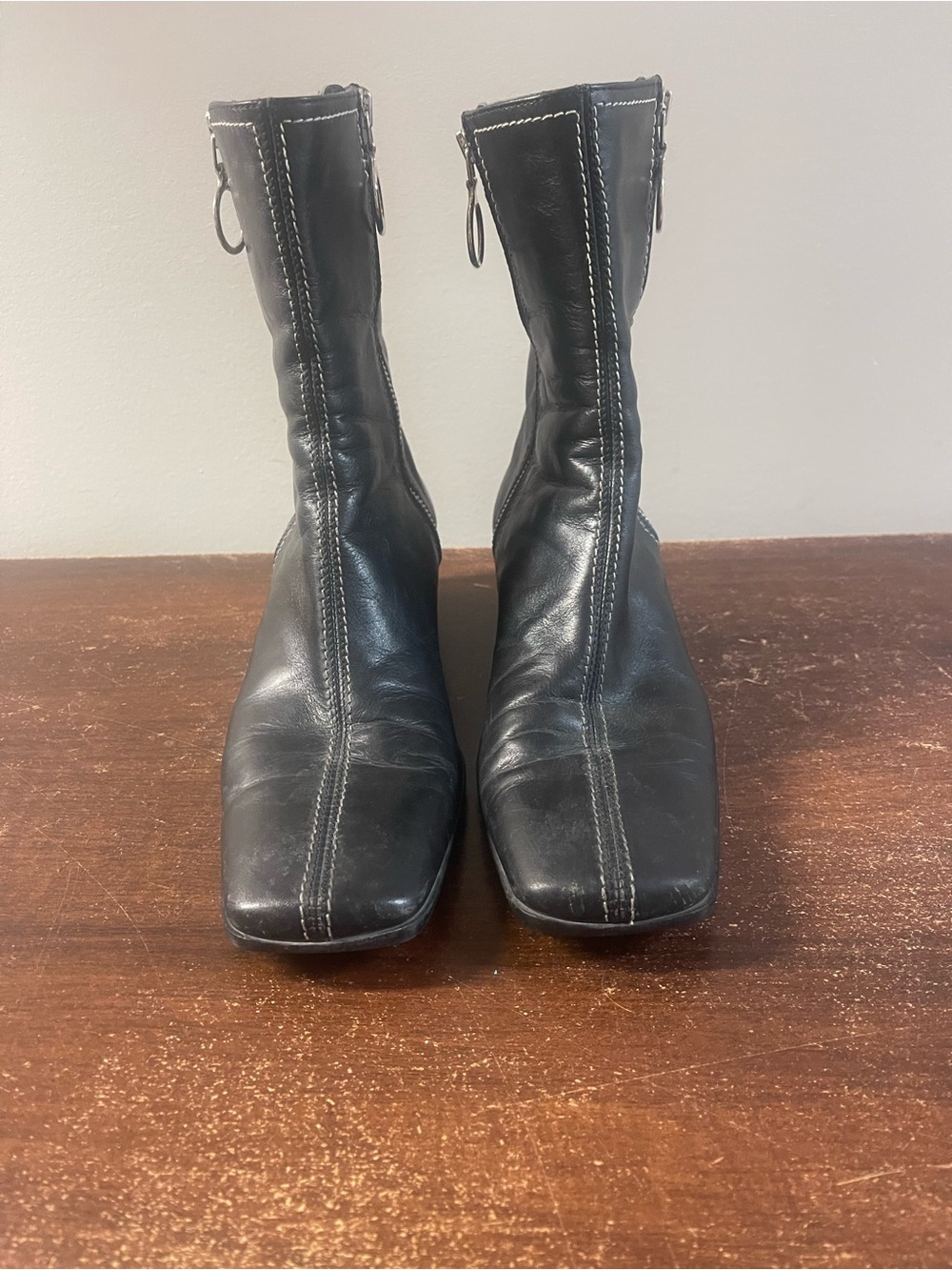 Black Leather Square-Toe Ankle Booties with Contrast Stitching
